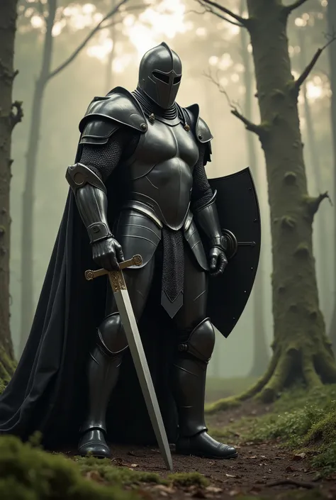 Black Knight, Knight in Black Armor,pierce a two-handed sword into the ground, with sword handle on both hands,black robe,Dual global shields, misty forest,dawn,Robe Fluttering in the Wind,(シールドの上にblack robeを着る)