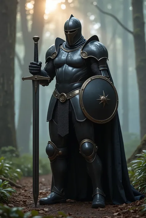 Black Knight, Knight in Black Armor,pierce a two-handed sword into the ground, with sword handle on both hands,black robe,Dual global shields, misty forest,dawn,Robe Fluttering in the Wind,(シールドの上にblack robeを着る)