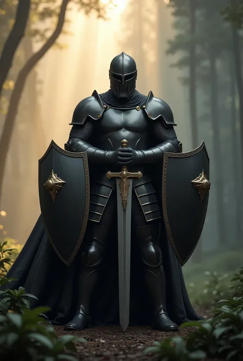 Black Knight, Knight in Black Armor,pierce a two-handed sword into the ground, with sword handle on both hands,black robe,Dual global shields, misty forest,dawn,Robe Fluttering in the Wind,(シールドの上にblack robeを着る)
