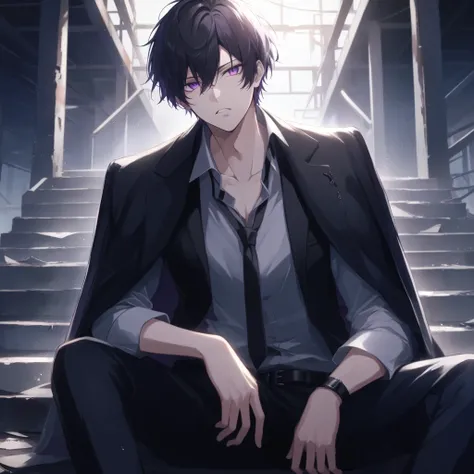 One Man,  beautiful men, (( short black hair:1:1)), black suit jacket, black suit trousers、Black leather belt , purple eyes, A powerful gaze, Disingenuous Representation, ((raise her chin)), The mouth rises slightly, condescending expression, Abandoned Fac...