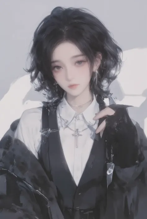 K-comic atmosphere boys，curls，Layered hair bundle , and a white dress shirt，with a black vest underneath. Accessories include a chain necklace and pendant earrings wearing a black fur coat. The main body wears black gloves, Place one hand on your shoulder....