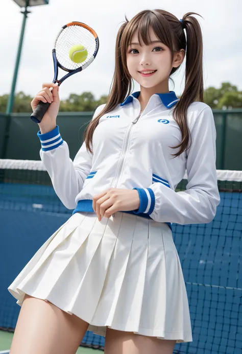 An amazingly cute Japanese girl is hitting back a tennis ball with a tennis racket in tennis wear at school club activities 、 (wearing Japanese tennis wear on the school tennis court), (純白色のundercoat that stands out locally)、 、 Gravure idol with realistic ...