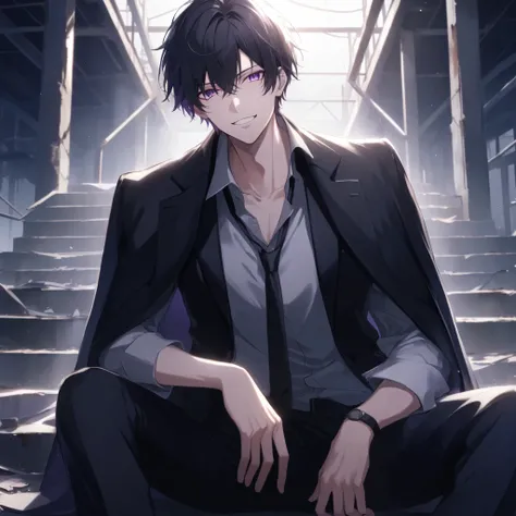 One Man,  beautiful men, (( short black hair:1:1)), black suit jacket, black suit trousers、purple eyes, A powerful gaze, Disingenuous Representation, ((raise her chin)), Laugh faintly, condescending expression, Abandoned Factory,  is sitting on the stairs,...
