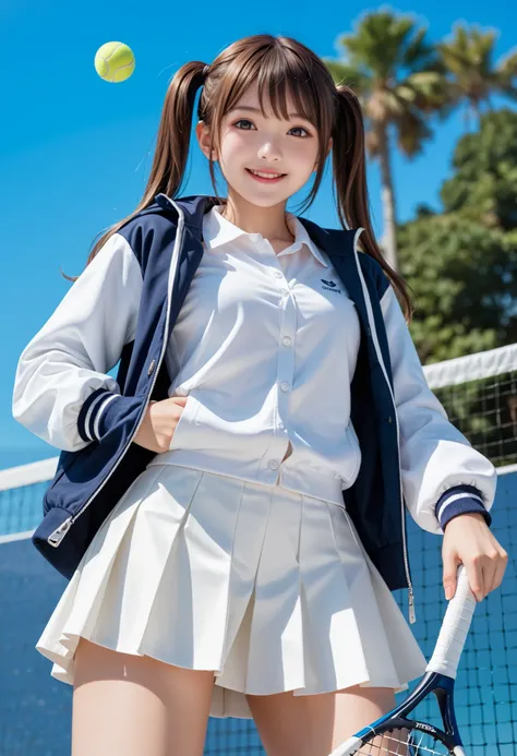 An amazingly cute Japanese girl is hitting back a tennis ball with a tennis racket in tennis wear at school club activities 、(The line of sight is on the opponent's coat)、 (wearing Japanese tennis wear on the school tennis court), (純白色のundercoat that stand...