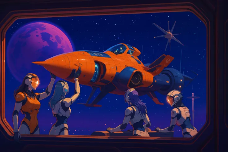 a space station window showing gynoid workers assembling an incomplete starship, suitable for use as a wallpaper or meeting background.
The gynoids are white with lights for individuality.