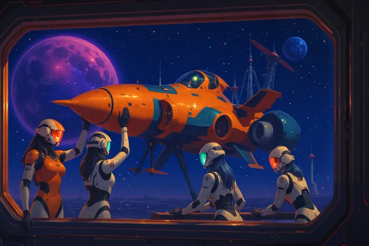 a space station window showing gynoid workers assembling an incomplete starship, suitable for use as a wallpaper or meeting background.
The gynoids are white with lights for individuality.