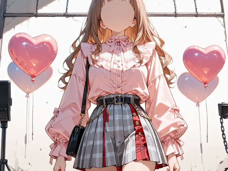 1girl,(long_hair, brown_hair, (wavy_hair:1.2), (no_eyebrows:1.1), pale_skin, (blouse:1.3), ruffled_shirt, pearl_buttons, balloon_sleeves, plaid_skirt, pleated_skirt, mini_skirt, black_belt, slim_waist, handbag, chain_strap, fingernails, BREAK, light_pink_t...
