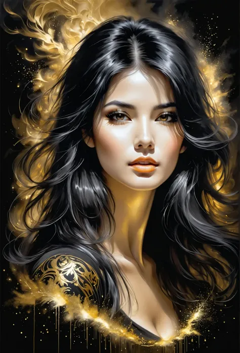 Gorgeous and hot charcoal drawing of a woman's face, long black hair, pino daeni style .
gold patterns, golden and black spirit, liquid gold explosion, golden smoke of magic , stardust, golden milky road , black background, magic fog, alcohol ink ,