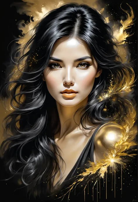 Gorgeous and hot charcoal drawing of a woman's face, long black hair, pino daeni style .
gold patterns, golden and black spirit, liquid gold explosion, golden smoke of magic , stardust, golden milky road , black background, magic fog, alcohol ink ,