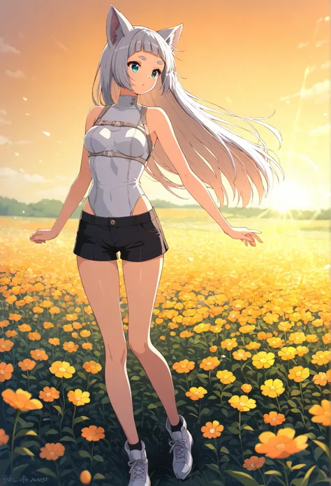 turns around, backlit,Fleeting,masterpiece , About  ,1 medium breasted girl, alone, 短いBangs,Bangs,Round eyebrows,  , and the eyes are, gray hair ,straight long hair,long hair,wolf cut,silver fox ears,  White Fox Ears,full body, Designed to fit and move eas...