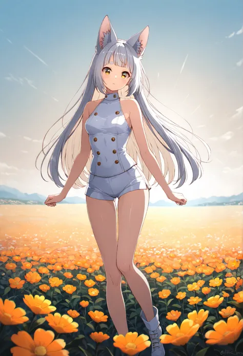 Yellow Eye,turns around, backlit,Fleeting,masterpiece , About  ,1 medium breasted girl, alone, 短いBangs,Bangs,Round eyebrows,  , and the eyes are, gray hair ,straight long hair,long hair,wolf cut,silver fox ears,  White Fox Ears,full body, Designed to fit a...