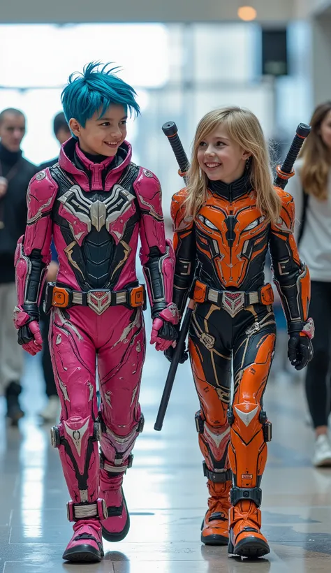 character: oung boy blonde hair. oung girl blue. Hair. They have Europe faces. Two swords on the back.
action: Walk straight and look straight ahead.
Expression : smiling.
Costume : they Wearing futuristik pink venom with orange gundam armor. Each of t...