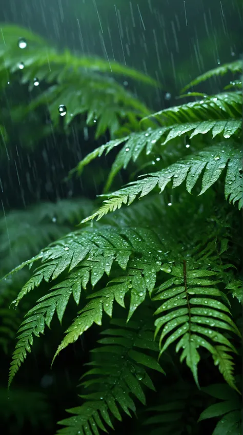 {
"prompt": "A hyper-realistic close-up scene of fern leaves in a forest, with the frame filled with countless clearly visible raindrops falling from the sky. The rain is intense, and each individual droplet is sharp and detailed, splashing against the f...