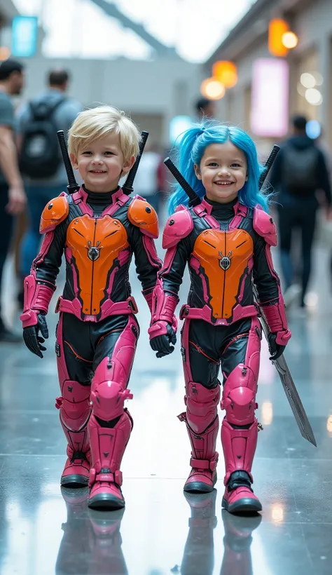 character: 1 baby boy blonde hair. 1 baby girl blue Hair. They have Europe faces. Two swords on the back.
action: Walk straight and look straight ahead.
Expression : smiling.
Costume : they Wearing futuristik pink venom with orange gundam armor. Each o...