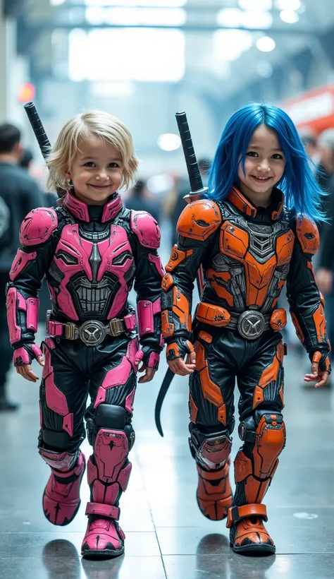 character: 1 baby boy blonde hair. 1 baby girl blue Hair. They have Europe faces. Two swords on the back.
action: Walk straight and look straight ahead.
Expression : smiling.
Costume : they Wearing futuristik pink venom with orange gundam armor. Each o...