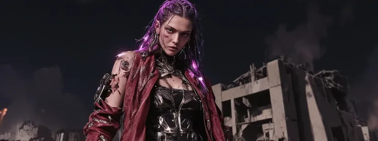 The image depicts a post-apocalyptic and artistic representation of a full body android with an intriguing blend of organic and mechanical elements. She is severely injured, bleeding from cuts and scrapes and a gunshot wound to her shoulder. Her expression...