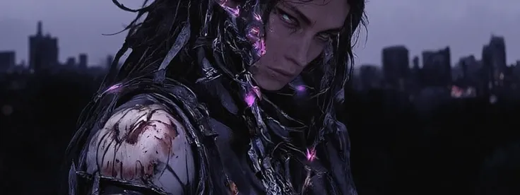 A post-apocalyptic and artistic representation of a full body android with an intriguing blend of organic and mechanical elements glares at the viewer. She is severely injured, bleeding from cuts and scrapes and a gunshot wound to her shoulder. Her express...