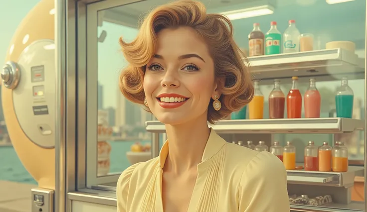 A smiling woman with soft curls in a pale yellow dress with structured futuristic shoulders, standing next to a floating vending capsule with transparent doors, surrounded by colorful soft drinks and glowing snacks, late afternoon light, pastel skyline beh...