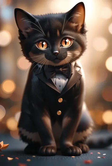 A cute kitten that looks like a gentleman is bowing in a tuxedo, thank you, I would like to express my gratitude,