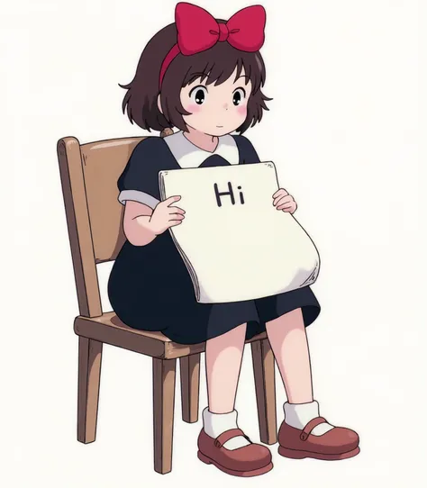 The image is peaceful and calm, sitting on a wooden chair with a sheet of paper, which says “HI”. There is no background, the image must be in PNG style. The image is in the style of Kikilaptisort Young witch sier {x} The girl is wearing a black dress and ...