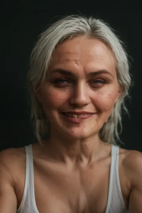 1girl, solo, candid portrait of a ((mature Slav woman with acne and white hair:1.3)), ((acne on cheeks and forehead:1.2)), hourglass body type, small perky breasts, realistically textured natural skin, candid full light mirror selfie, 1girl, solo, smug sed...