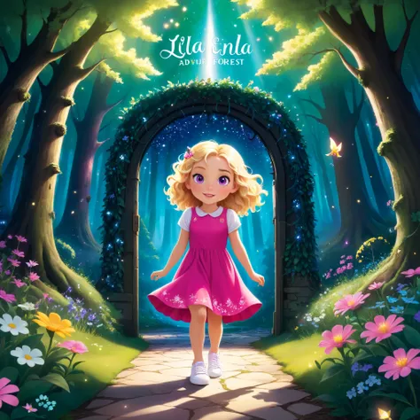 "A colorful cover illustration featuring Lila, an adventurous young girl with curly blonde hair, wearing a bright pink dress and white sneakers, standing at the entrance of a magical forest filled with glowing trees and sparkling flowers. The title 'Lila a...