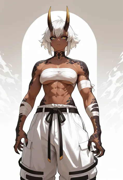 muscular creature, dark horns, yellow eyes, short spiky white hair, short hair, (Bandaged breasts wearing baggy pants:1.3), wrapping her hair, pants, humanoid arms with sharp claws and scales, gradient scales from gray to white, scales on arms and legs, ca...