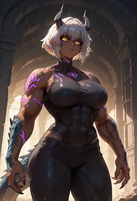 muscular creature, dark horns, purple yellow eyes, glowing eyes, dark scales, short spiky white hair, short hair, black skinsuit, pants, humanoid arms with sharp claws and scales, scales on arms and legs, calm pose, large breasts, big muscles, glowing corr...