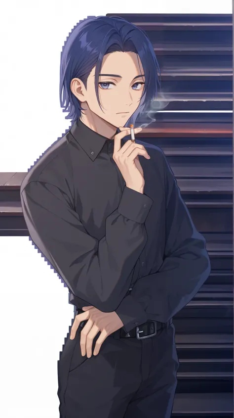 solo, looking at viewer, short hair, shirt, long sleeves, white background, 1boy, closed mouth, standing, male focus, cowboy shot, pants, belt, hand up, black shirt, black pants, black belt, belt buckle, stairs, holding cigarette