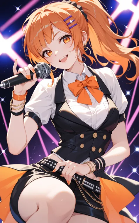 female, orange hair, diagonal bangs, ponytail, orange eyes, Night club, idol, clubbing, anime, clothing audience, microphone,
