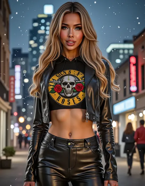 Brittney Kade, woman, wearing a cropped leather moto jacket with detailed zippers worn over a Guns & Roses cropped hoodie. The jacket should look glossy and high-quality with light reflections emphasizing its texture, black pvc latex wetlook leggings, (wav...