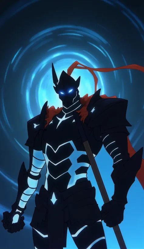8k, masterpiece, best quality, low angle, full body,  , cyan accent, Pointed helmet, Face Unknown , big blade, red ribbon, Powerful pose,  has a weapon, dark swirling background, Like a nebula , Blue and Black, Sharp design ,  futuristic fantasy,  Dramatic...