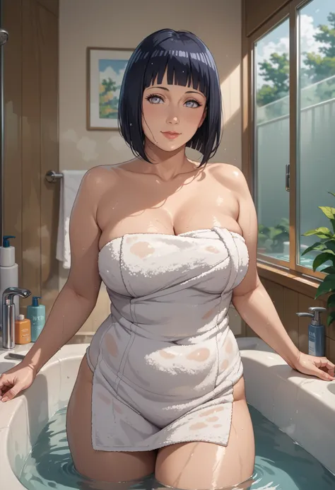 Masterpiece, 8k quality, extremely detailed, hinata hyuga, Boruto anime, bathroom, mature woman, slightly fat, mature body, wrapped in a bath towel