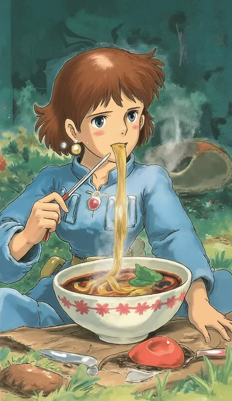 (((( masterpiece)))), (((( top quality)))), (((Ghibli-style animation))), high definition, fine grain, Detailed Faces, Very detailed faces, detailed eyes, Detailed Faces, detail hair, sparkling skin, sweat, (((Cute girl, Nausicaä of the Valley of the Wind)...