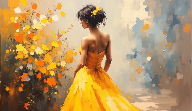 oil painting, impressionism,
a painting of a woman in a dress walking next to a flower pot, linda yellow woman, elegant oil painting, expressive and beautiful painting, inspired by Olha Darchuk , elegant and refined painting, lady wearing yellow dress ,...