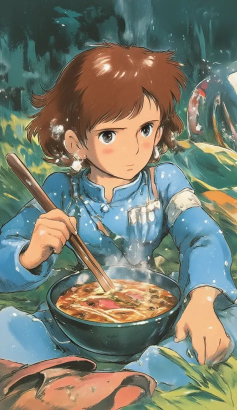 (((( masterpiece)))), (((( top quality)))), (((Ghibli-style animation))), high definition, fine grain, Detailed Faces, Very detailed faces, detailed eyes, Detailed Faces, detail hair, sparkling skin, sweat, (((Cute girl, Nausicaä of the Valley of the Wind)...