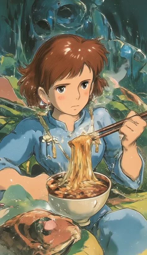 (((( masterpiece)))), (((( top quality)))), (((Ghibli-style animation))), high definition, fine grain, Detailed Faces, Very detailed faces, detailed eyes, Detailed Faces, detail hair, sparkling skin, sweat, (((Cute girl, Nausicaä of the Valley of the Wind)...