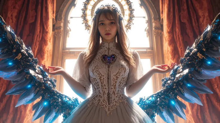 Beautiful Saint , Long Blonde Hair , Design Understated , Mysterious Blue Skirt , cool expression 。 Gorgeous Full Body , Thick Style Wear , White Lace Long Dress , white tulle skirt 。 Various Sparkling Jewelry Decorations 。 Highly Detailed Marble Gaze 。...