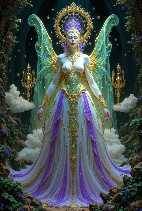Beautiful white Angel is the embodiment of Vice, and Passion, her Expressive facial features seduce and bliss, everyone who looks at her understands that she is the light of God in the sun, Her delicate outfit made of Purple fabric and green with white pat...