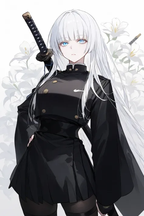 girl with white hair, holding a Katana and wearing black, perfect white haired girl, an edgy samurai,thicc,a black samurai's uniform, black stockings, seriousness,tall stature,blunt,White flowers in the background,blue eyes,high resolution,
