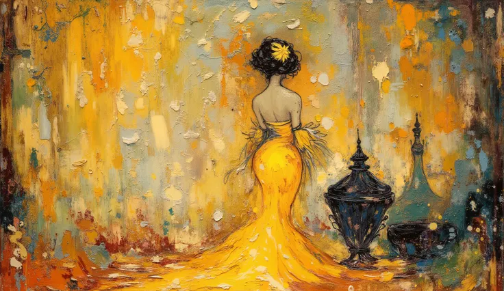 oil painting, impressionism,
a painting of a woman in a dress walking next to a flower pot, linda yellow woman, elegant oil painting, expressive and beautiful painting, inspired by Olha Darchuk , elegant and refined painting, lady wearing yellow dress ,...