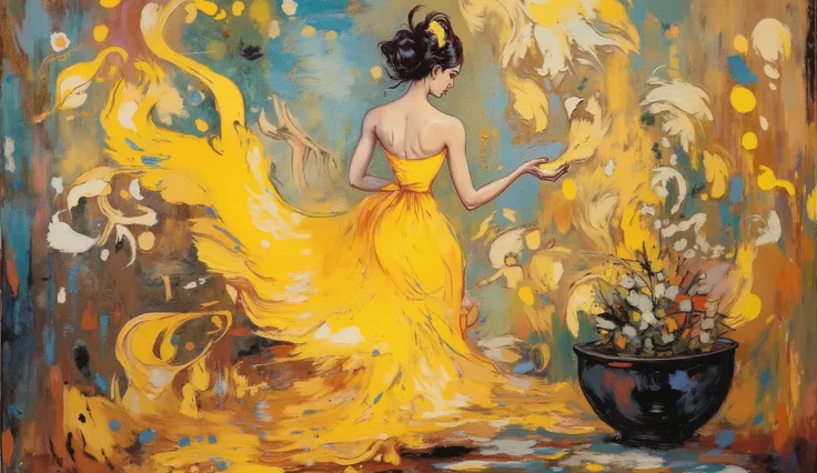 oil painting, impressionism,
a painting of a woman in a dress walking next to a flower pot, linda yellow woman, elegant oil painting, expressive and beautiful painting, inspired by Olha Darchuk , elegant and refined painting, lady wearing yellow dress ,...