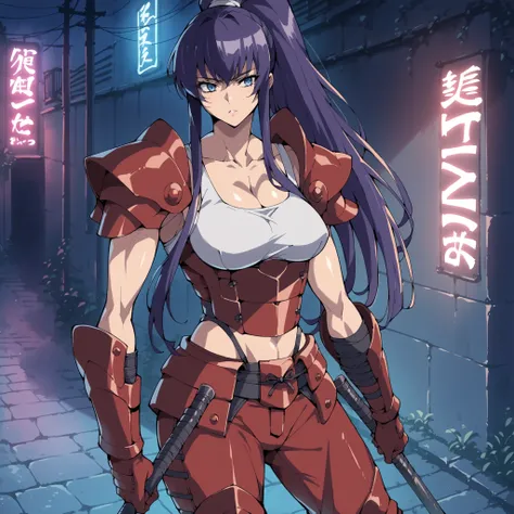 score_9,score_8_up,score_7_up,score_6_up, source_anime, zPDXL, girl,long hair, purple hair, ponytail, blue eyes, white tank top, red (samurai armor), red gloves, pants, large breasts,  (getting undressed), night city, neon lights, dim lighting, dark alley,