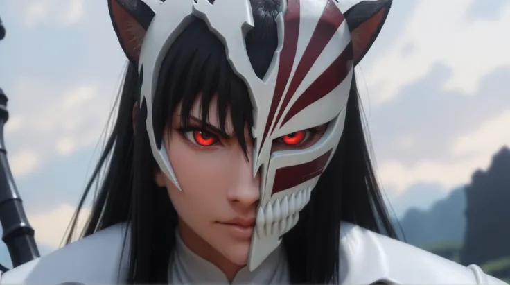 estilo anime bleach, junkotvvxl , red eyes, black hair, cat ears, blows, hair between eyes, long hair, , (Ahoge), straight bangs, hair between eyes, , cape,close up, black heavy detailed clothes, single person, weapon, art, dark and malevolent, weapon, arm...