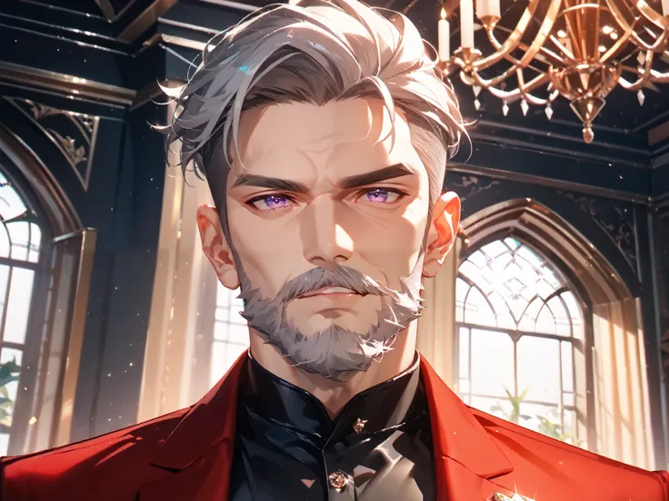 solo, 1boy, old, rich, close portrait, stands in front of the viewer, above the viewer, purple eyes ((Eyes with high detail, no defects, pupils of equal size)), rough face, old face, forehead wrinkles, eye wrinkles, cheek wrinkles, chin wrinkles, manly fac...