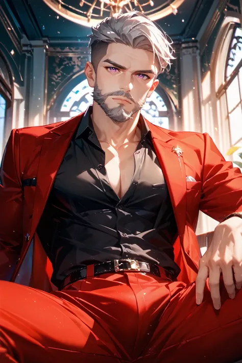 solo, 1boy, old, rich, sitting with legs spread, manspreading, purple eyes ((Eyes with high detail, no defects, pupils of equal size)), rough face, old face, forehead wrinkles, eye wrinkles, cheek wrinkles, chin wrinkles, manly face, face of old man, facia...