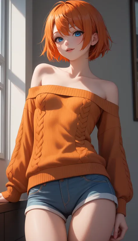 masterpiece,of the best quality, amazing quality, very aesthetic,anime screenshot ,1 girl, Sakura Igawa, orange hair, short hair, dry hair, blue eyes, curvilinear, very small breasts, thigh, off-shoulder sweater, shorts for two, bare shoulder, 