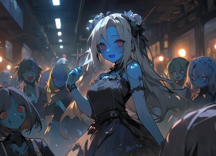 zombie girl getting her jaw touched。ZOMBIE FESTIVAL。lots of zombies dancing around the tomb。blue skin。stitch。Zombies only。fun atmosphere。