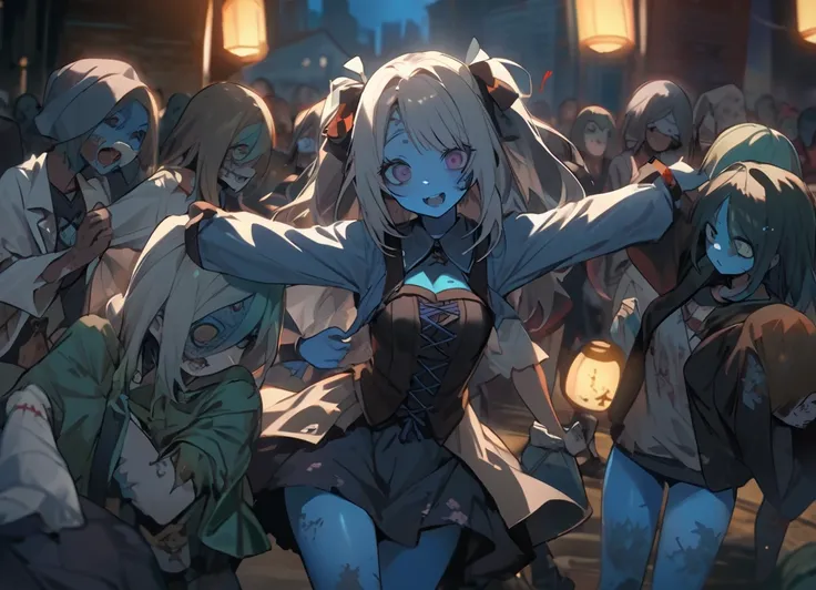 zombie girl getting her jaw touched。ZOMBIE FESTIVAL。lots of zombies dancing around the tomb。blue skin。stitch。Zombies only。fun atmosphere。