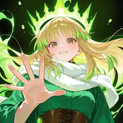 close-up: blonde girl with long light golden golden hair, fluttering in the wind , long hair, long-haired, green hair tips, see below, long-haired, very big eyes, brown-eyed , brown eyes с её глазами, emphasis on the eyes , surprisingly wide patterns, br...